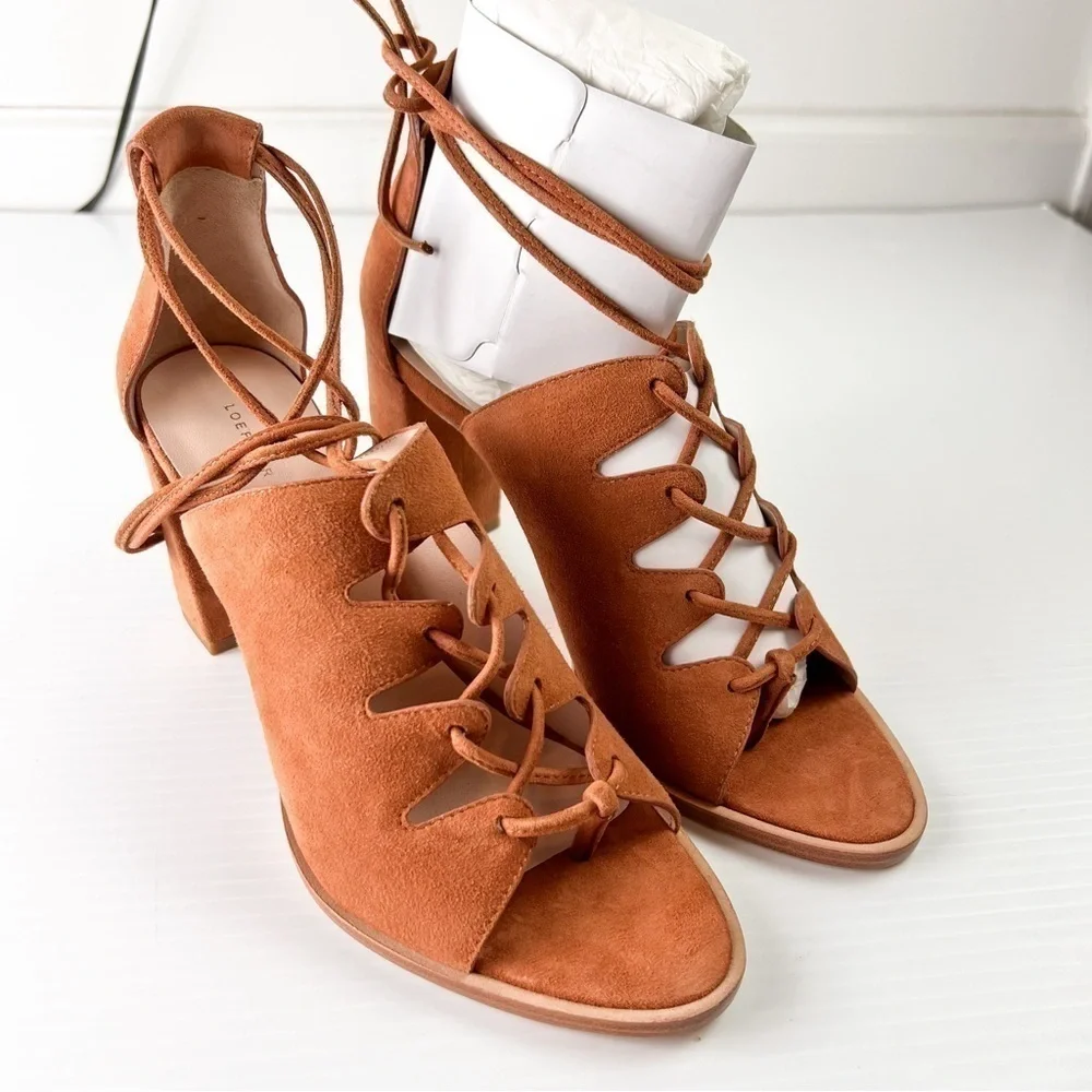 Loeffler Randall sandals womens 8 Helene Brown Lace-Up Split Suede Sandals